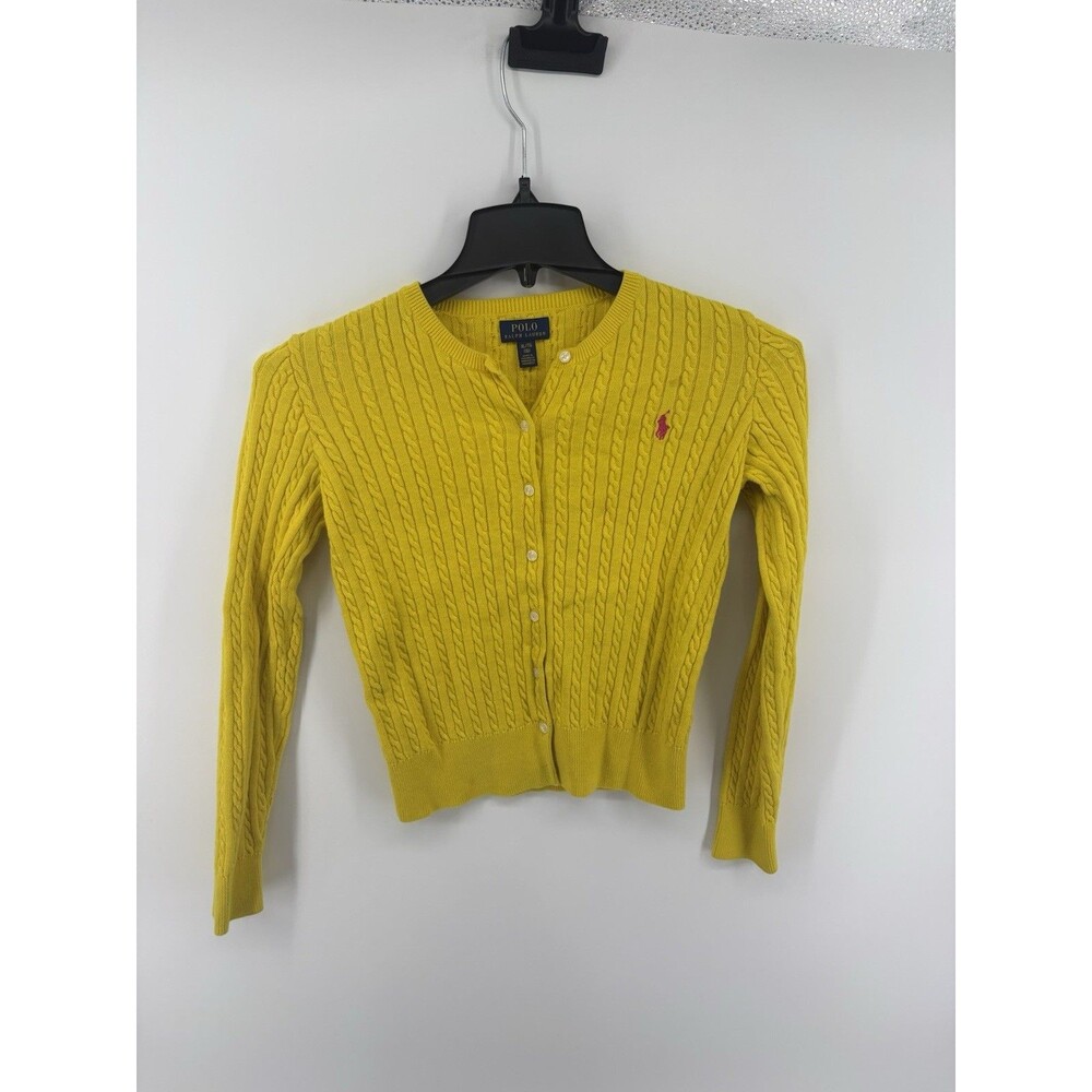 Polo Ralph Lauren Girls Yellow Cable-Knit Cotton Cardigan Sweater Size XL (16)